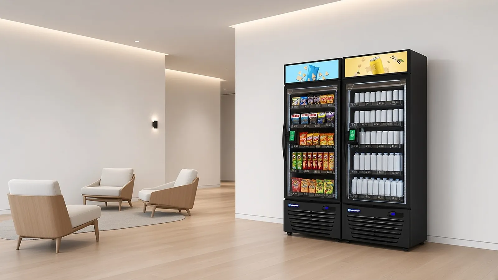 Two glass-door smart coolers stocked with snacks and drinks in a bright apartment lobby lounge.