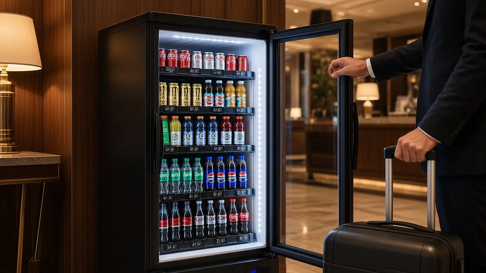 A hotel guest with a rolling suitcase opens a glass-door smart cooler of drinks in a warmly lit hotel lobby at evening.