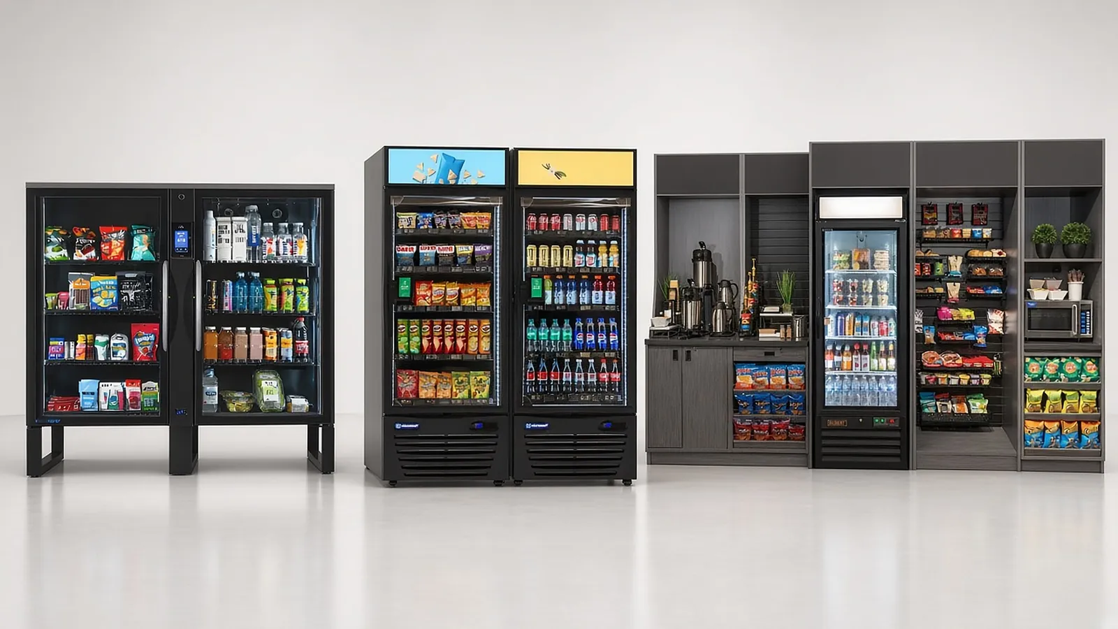 Side by side: a smart vending cabinet, a pair of glass-door smart coolers, and an open micro market wall.