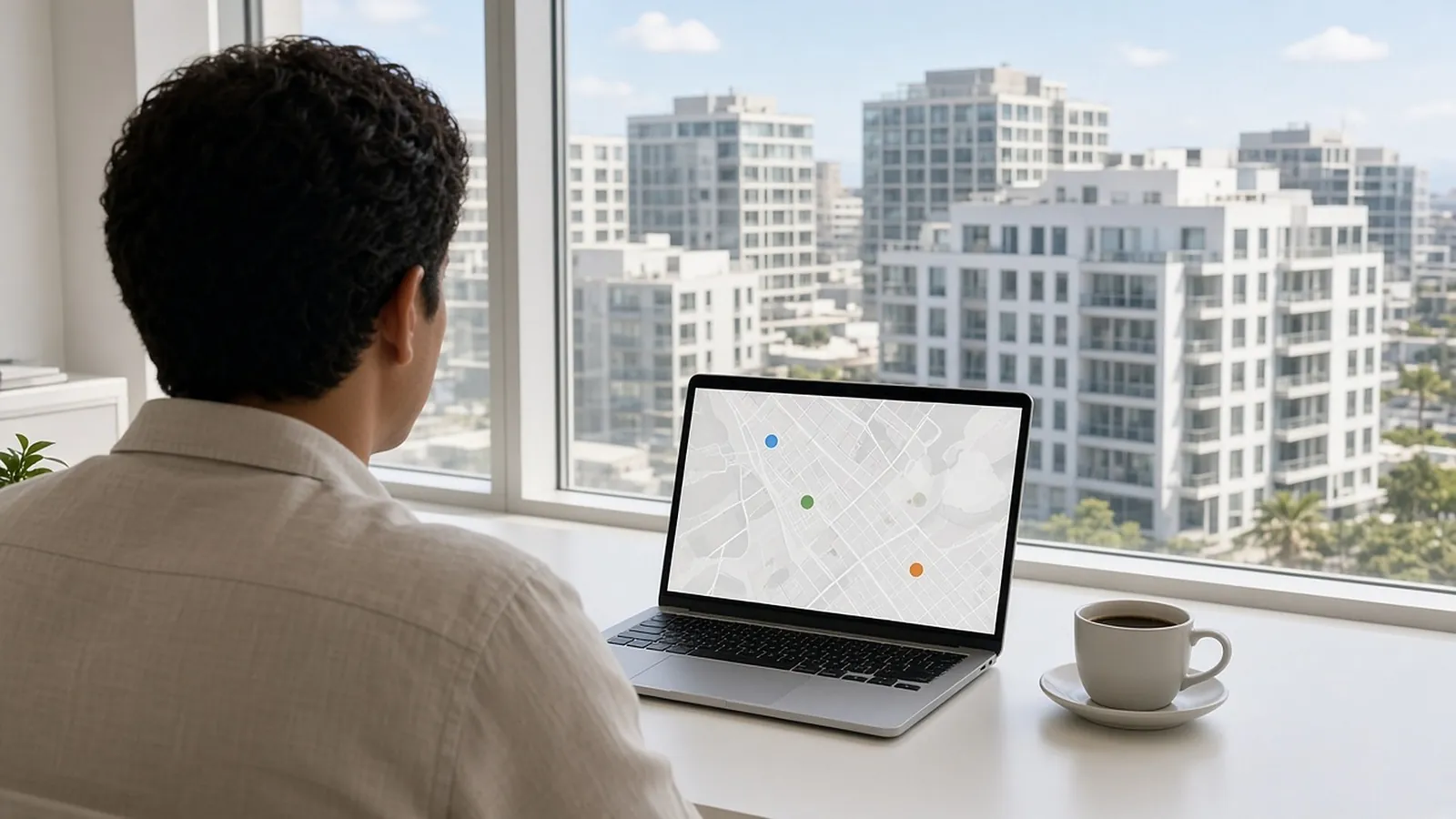 A property manager looks at a map of several sites on a laptop with apartment buildings outside the window.